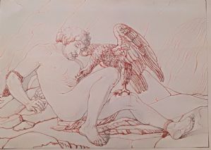 Prometeo aggredito dall'aquila mandata da Giove  disegno a marita su carta  cm. 17 x 12
